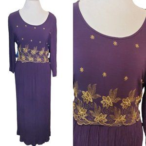 Vintage 90s Purple Empire Waist Midi Dress Gold Embroidery Crinkle Skirt XL 16‎